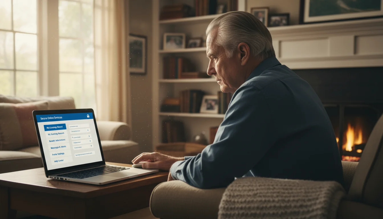 Older man in his late 70s, focused intently on a laptop screen displaying a secure online benefits portal.