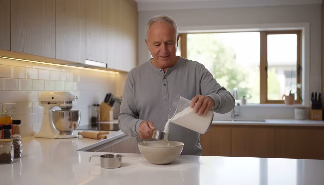 An older man in his late 60s carefully measures flour on a kitchen counter, brightly and evenly illuminated by under-cabinet LED lighting.