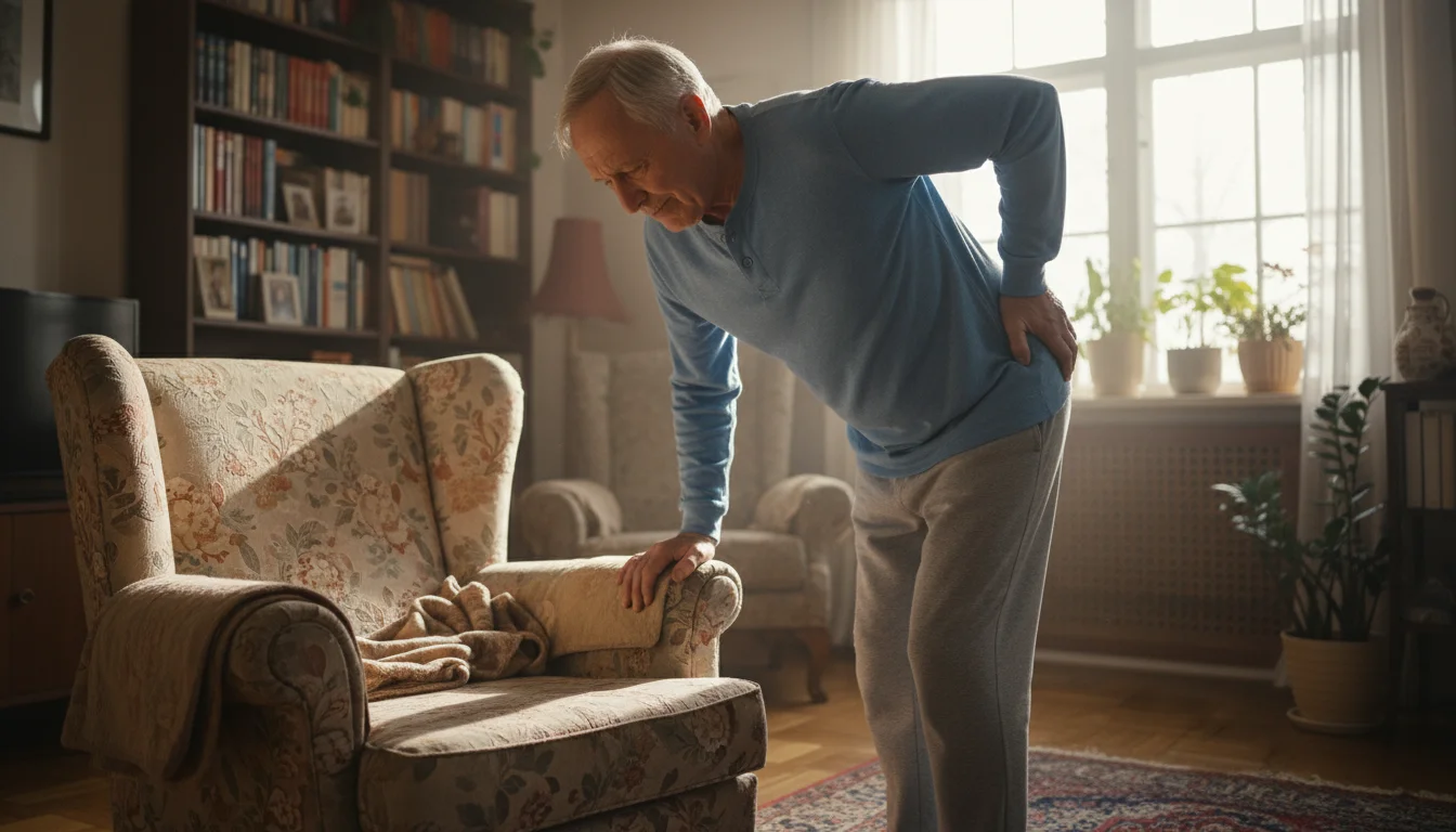 An older man in his late 60s slowly stands from an armchair, hands gripping the armrests, a faint wince on his face suggesting discomfort.