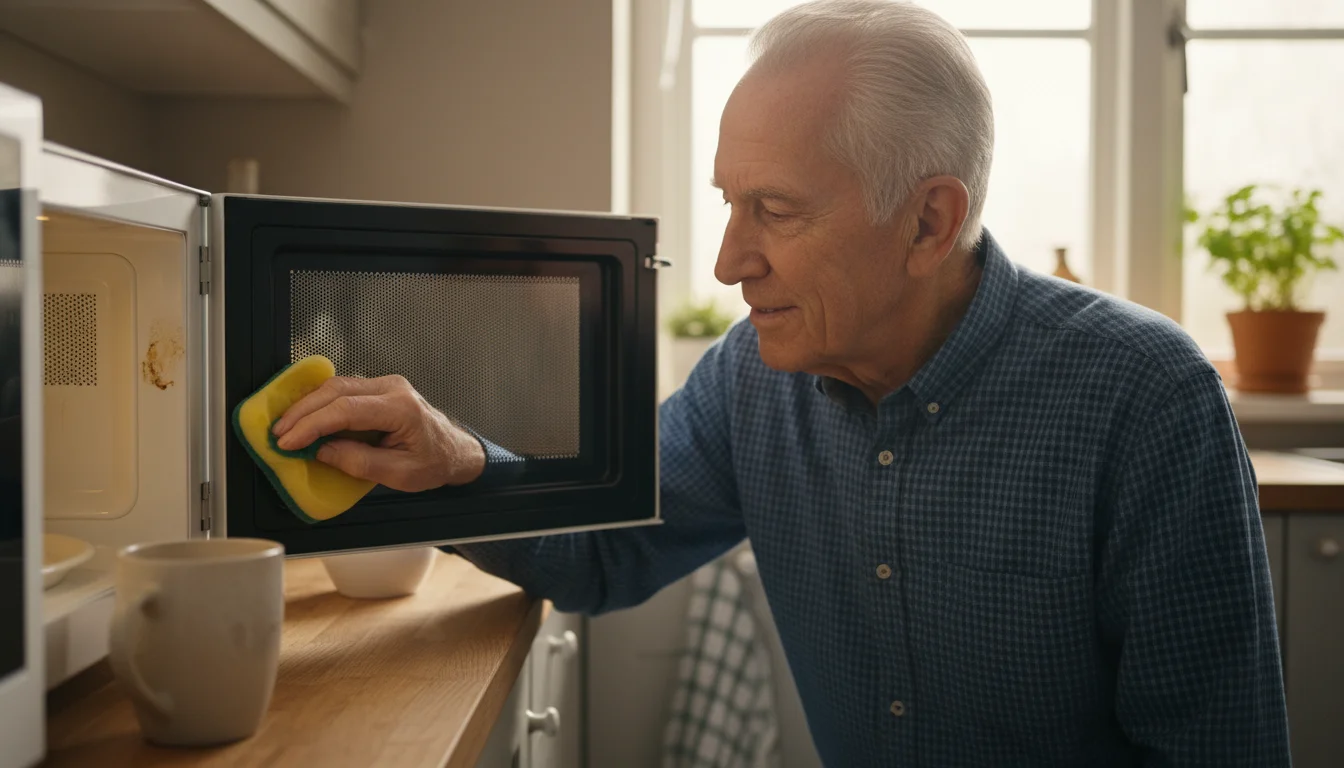 An older man in his mid-70s gently scrubs a microwave interior with the green side of a yellow dual-sided sponge.