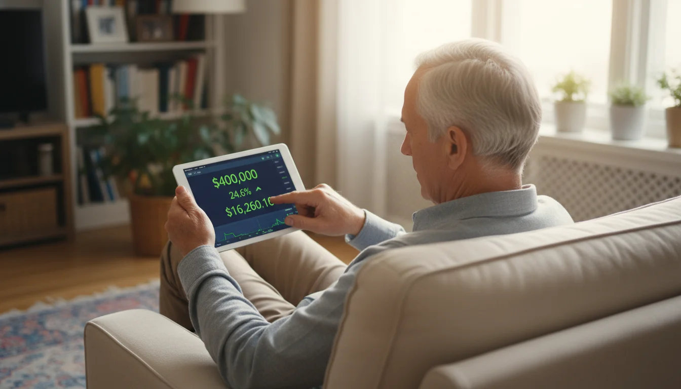 An older man in his 70s, seated in an armchair, focused on a tablet screen displaying financial figures and calculations.