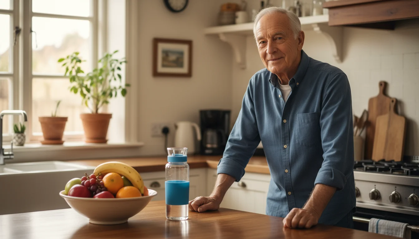 An older man in his 70s stands at a bright kitchen island. A clear reusable water bottle is next to a fruit bowl.