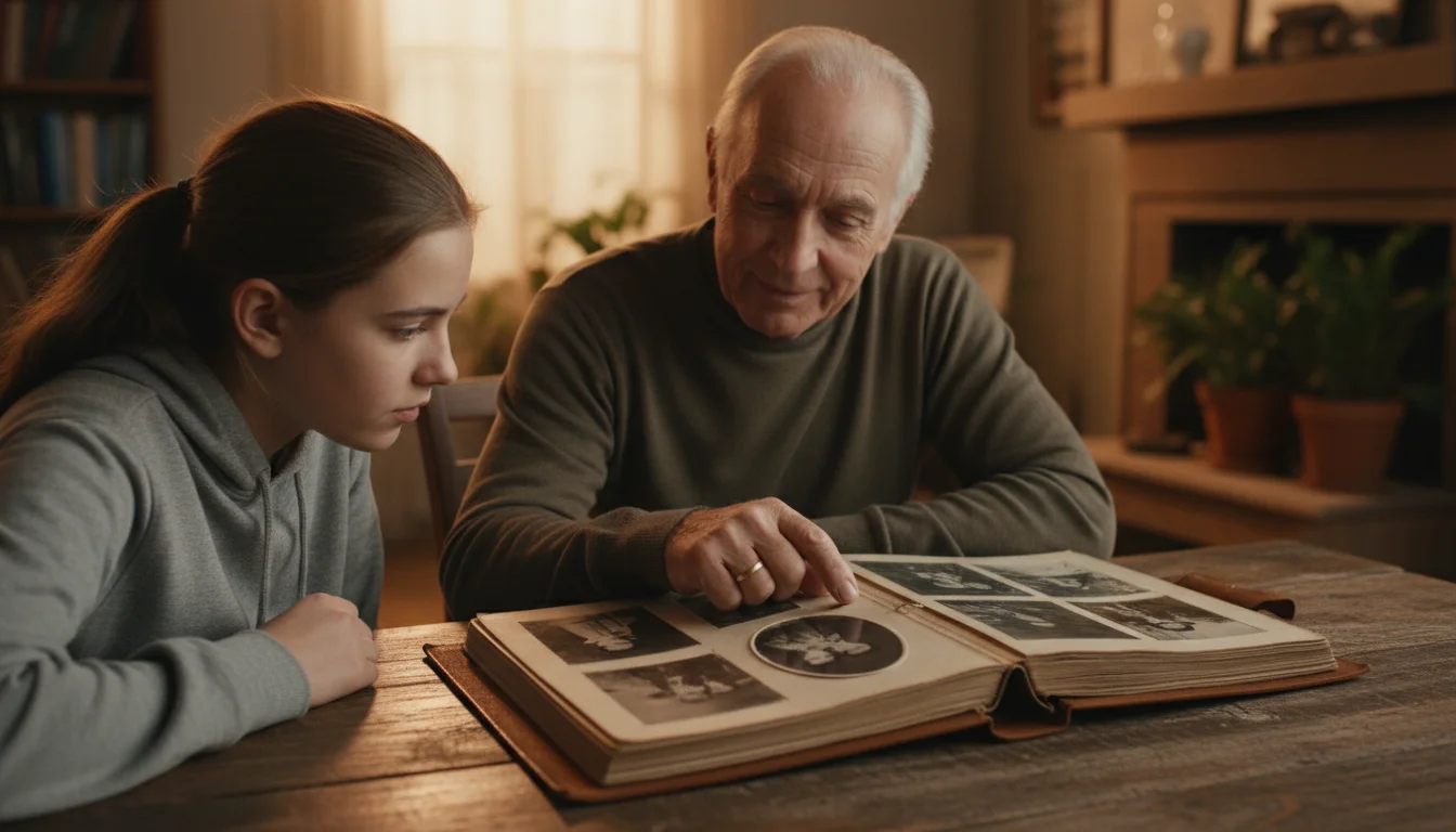 An older man and his teenage granddaughter sit at a wooden table, looking at a vintage family photo album together.
