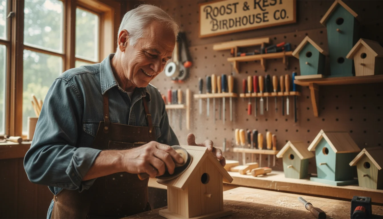 An older man in his well-lit home workshop carefully sands a wooden birdhouse, surrounded by tools and finished crafts.