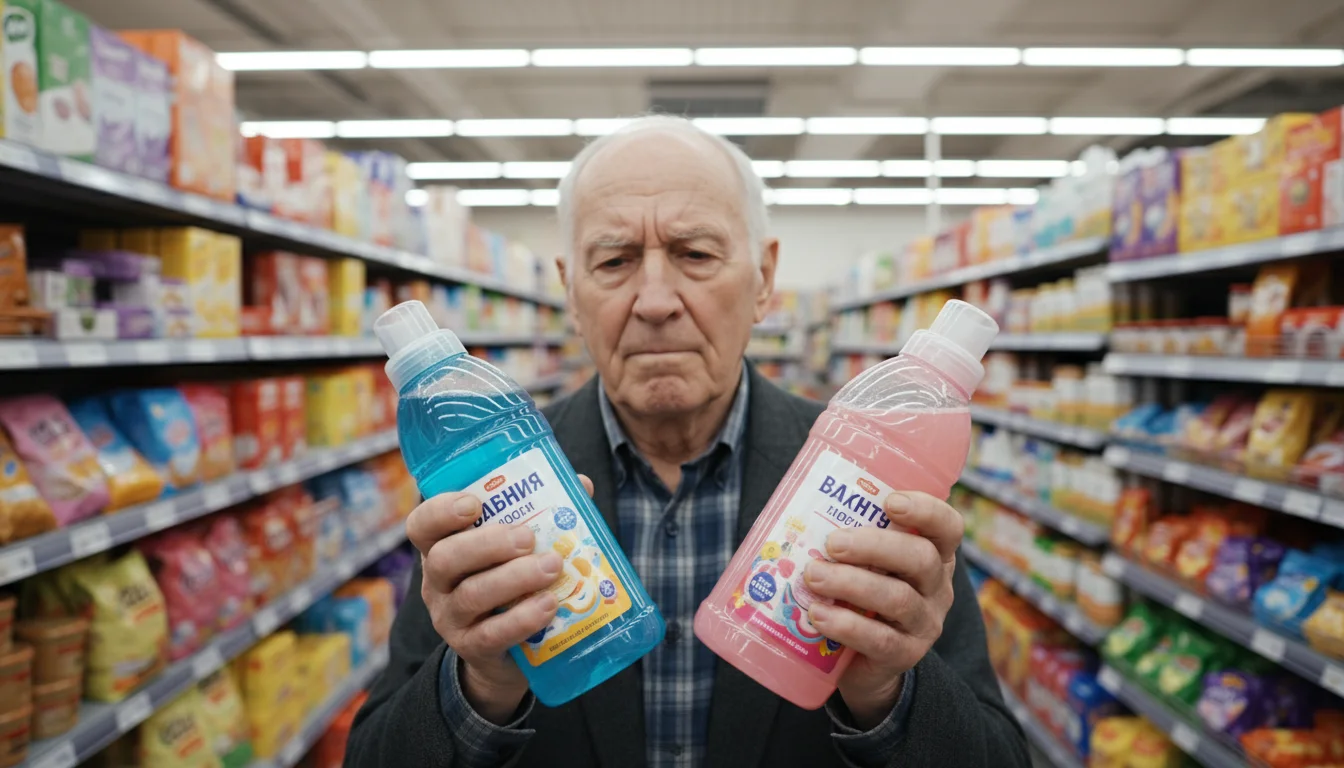 Older man holding two similar bottles with foreign labels in a grocery store, looking confused.