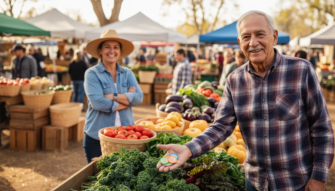 An older man holds colorful food assistance tokens while reaching for fresh greens at a bustling farmers' market stall.