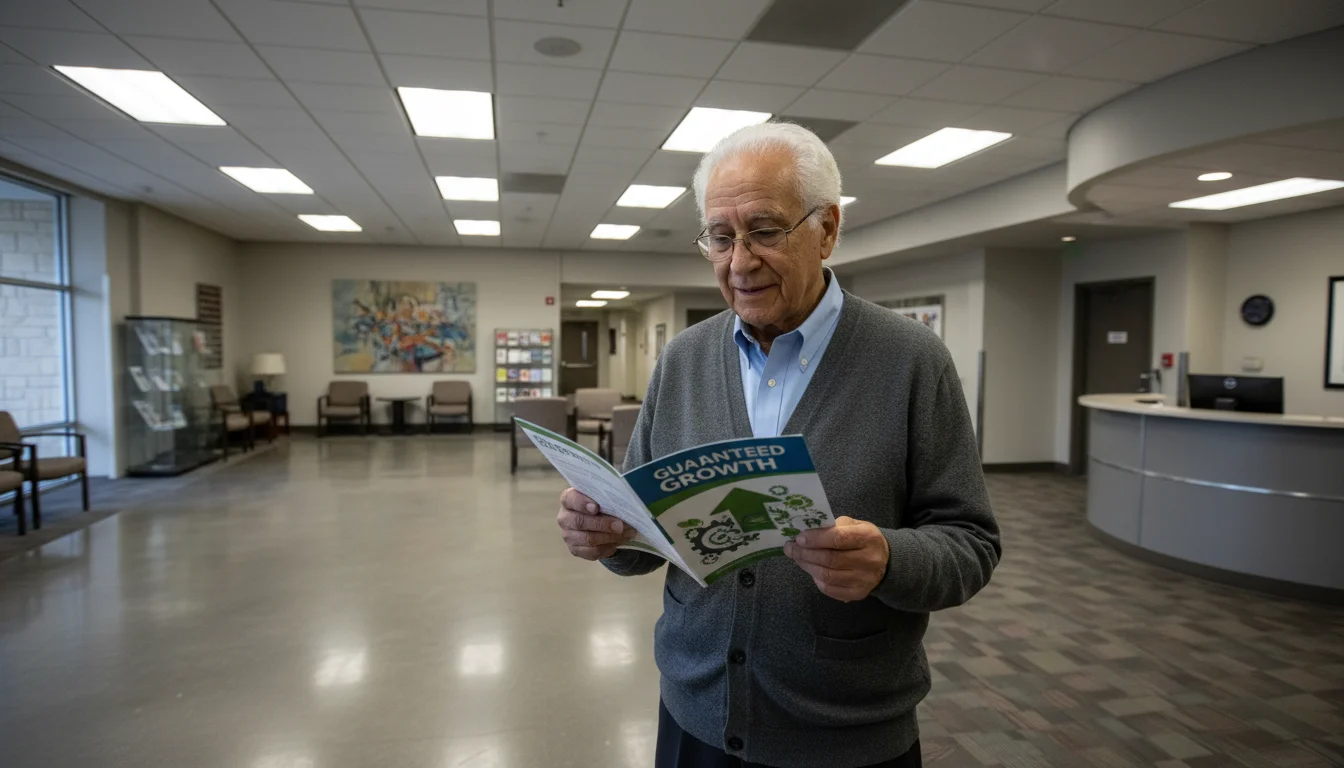 An older man in a hotel lobby examines a glossy brochure with a skeptical expression, suggesting caution about investment offers.