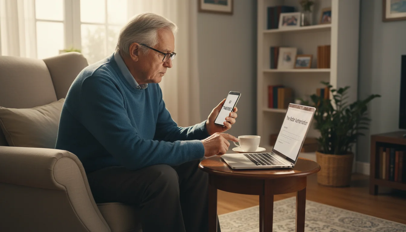 An older man intently reads a security code on his smartphone, his other hand poised over a laptop keyboard.