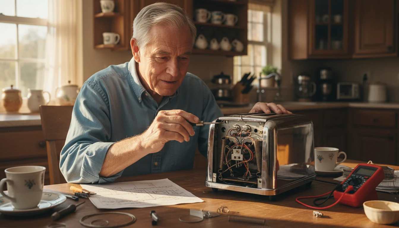 An older man intently repairs a vintage chrome toaster with a screwdriver at a kitchen table, while his wife watches.