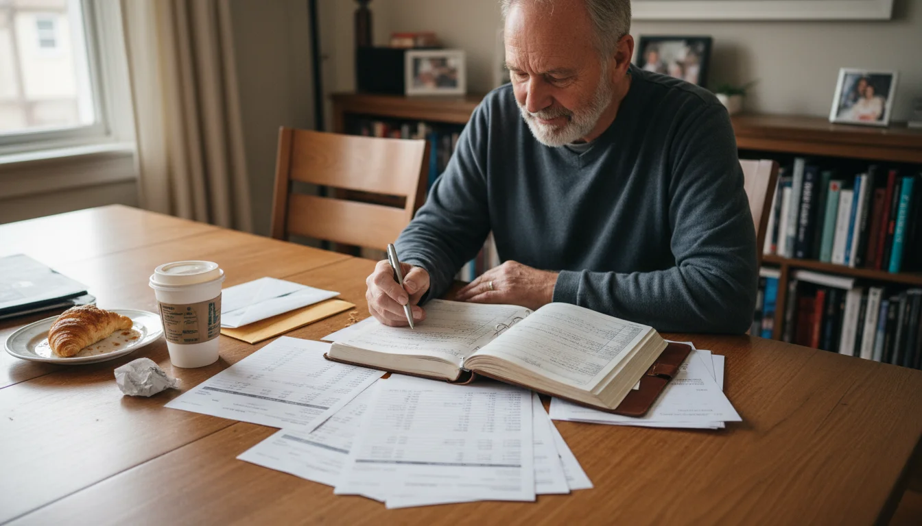 Older man intently studying bank statements and utility bills at a wooden dining table. A pen, coffee cup, and crumpled receipt are visible.