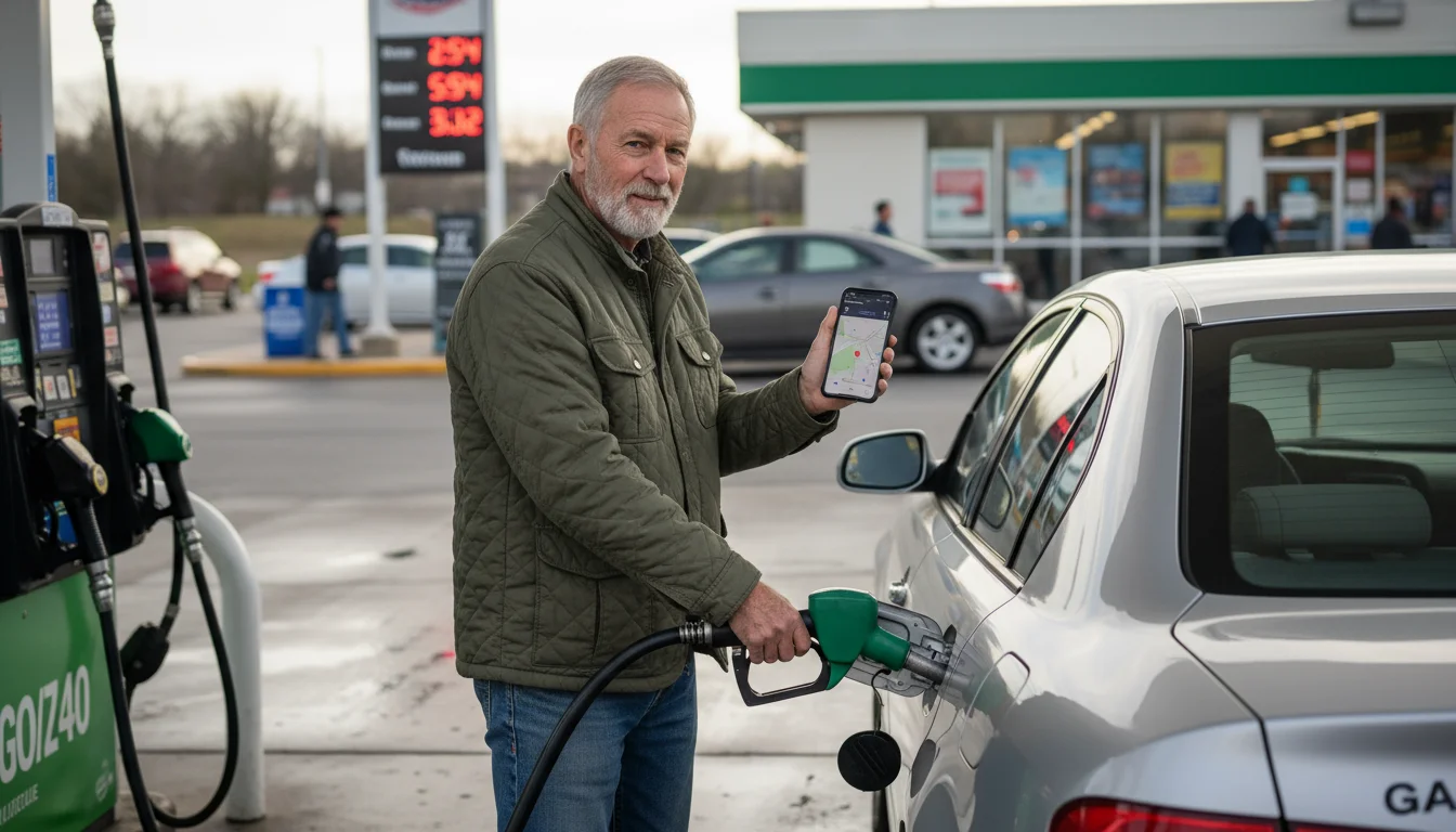 An older man in a jacket filling his car with gas at a busy station, holding a smartphone showing a map of gas prices.