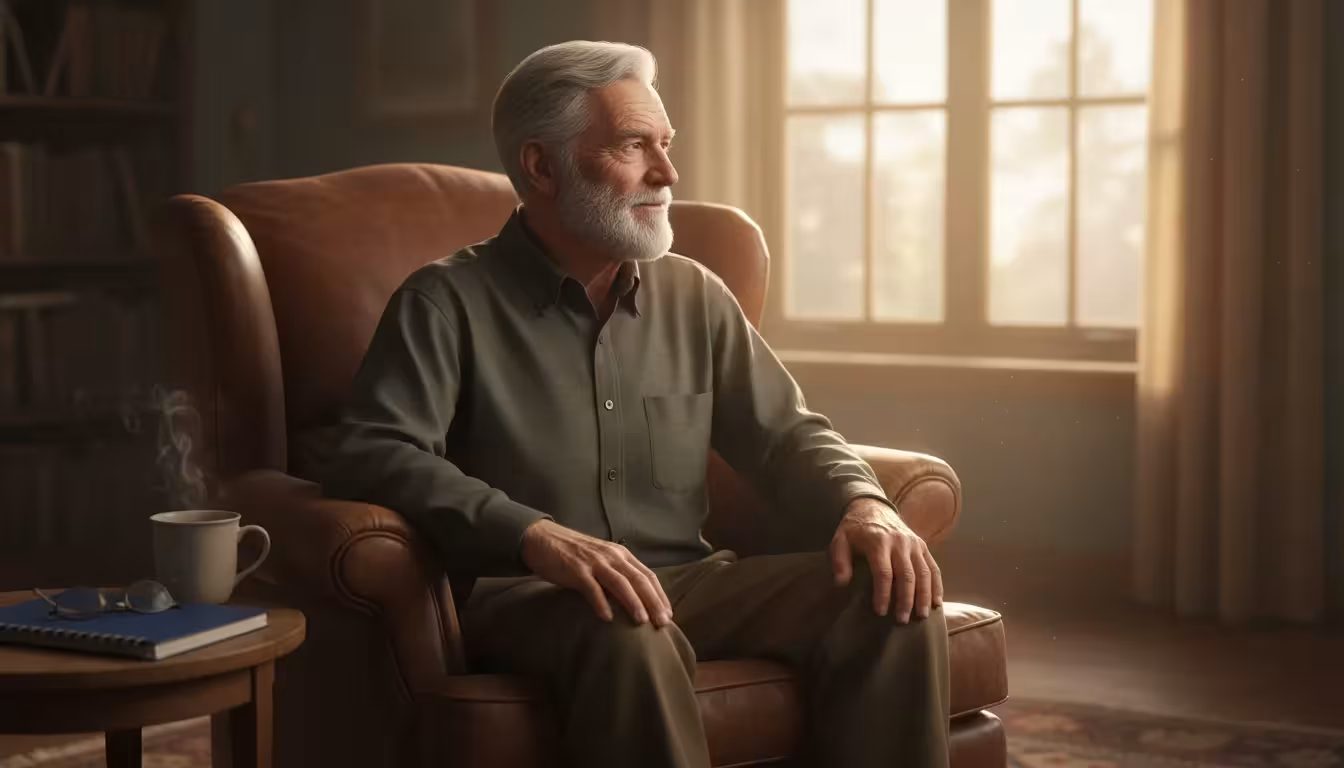 Older man with kind, weathered face sits in an armchair by a sunlit window, looking out thoughtfully. A tea mug and notebook are nearby.