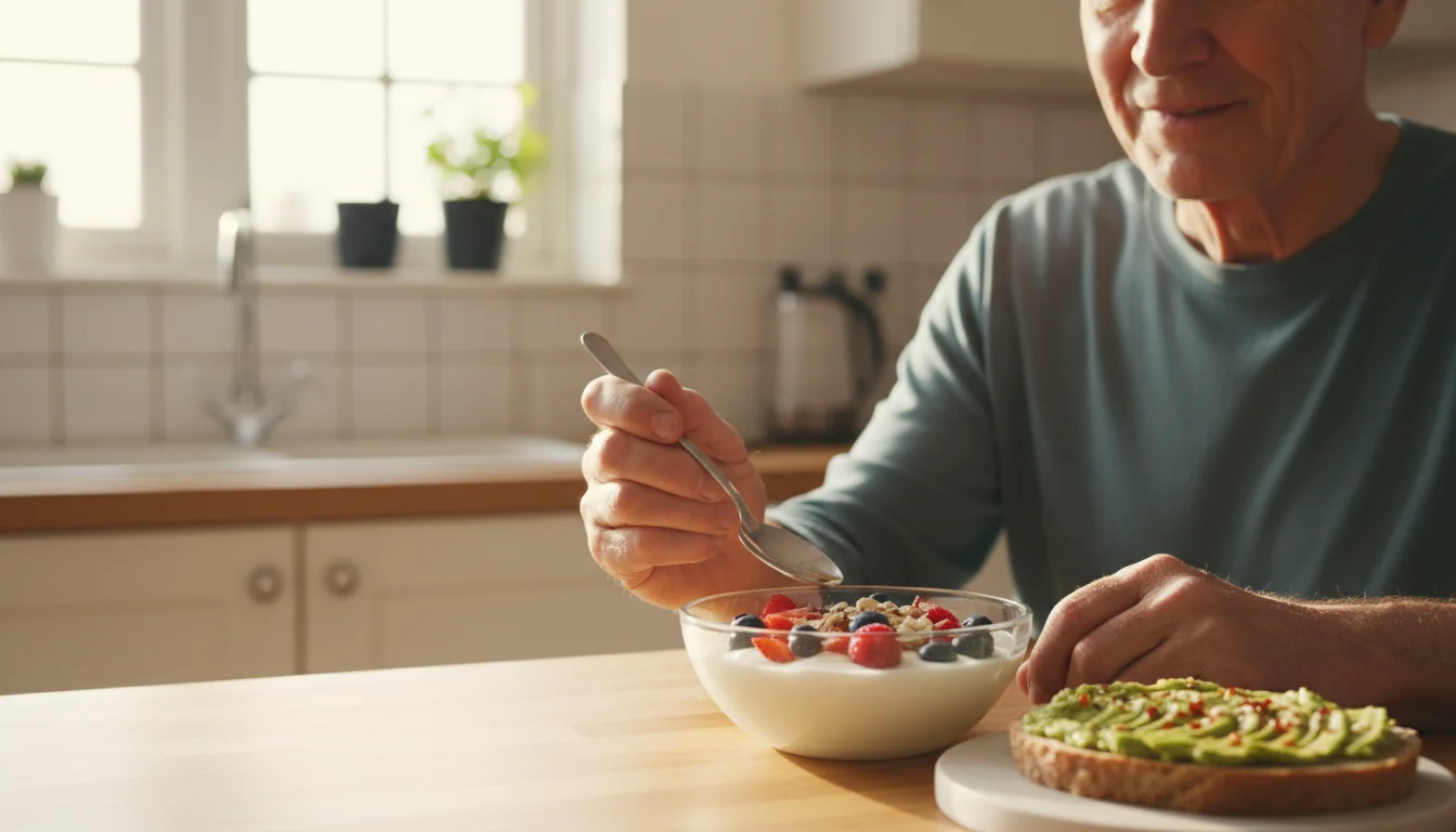 An older man at a kitchen counter, about to eat a bowl of yogurt with berries and almonds, next to avocado toast.