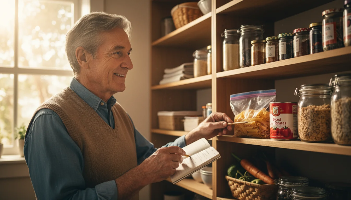 Older man in a kitchen pantry, holding a notebook and pencil, looking at canned goods and pasta on a shelf, taking inventory.
