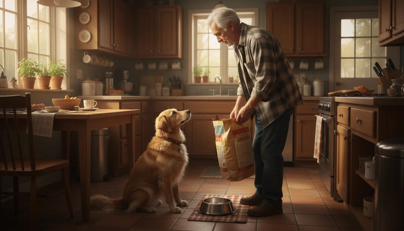 An older man in a kitchen scoops dog food into a bowl while his fluffy dog patiently watches.