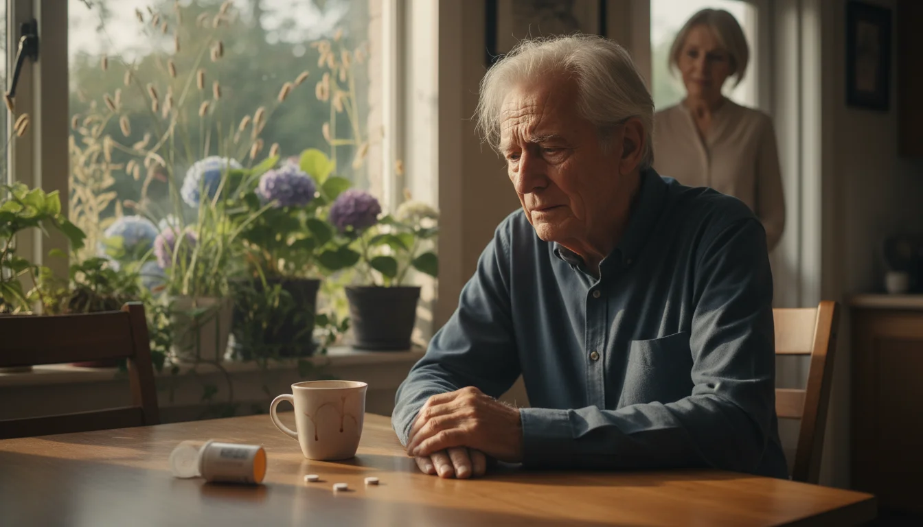 An older man at a kitchen table stares out a window at an overgrown garden, a pill bottle and coffee cup nearby. His worried wife watches him from the
