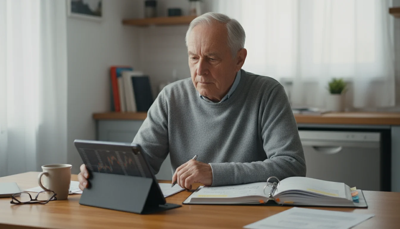 An older man at a kitchen table, looking from a tablet displaying market data to a financial planning binder.