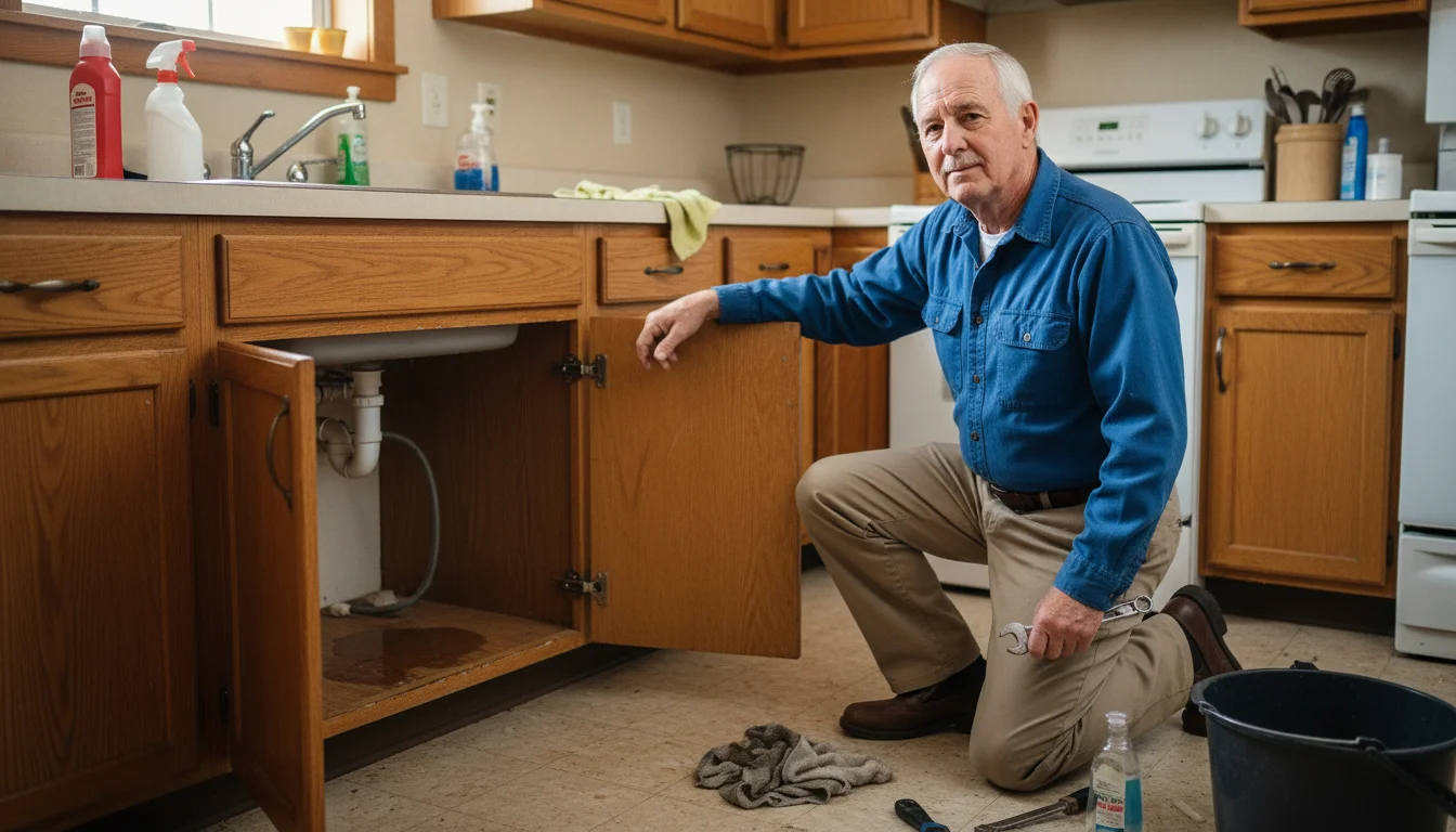 An older man kneels calmly, inspecting a small water leak under a kitchen sink in his home.