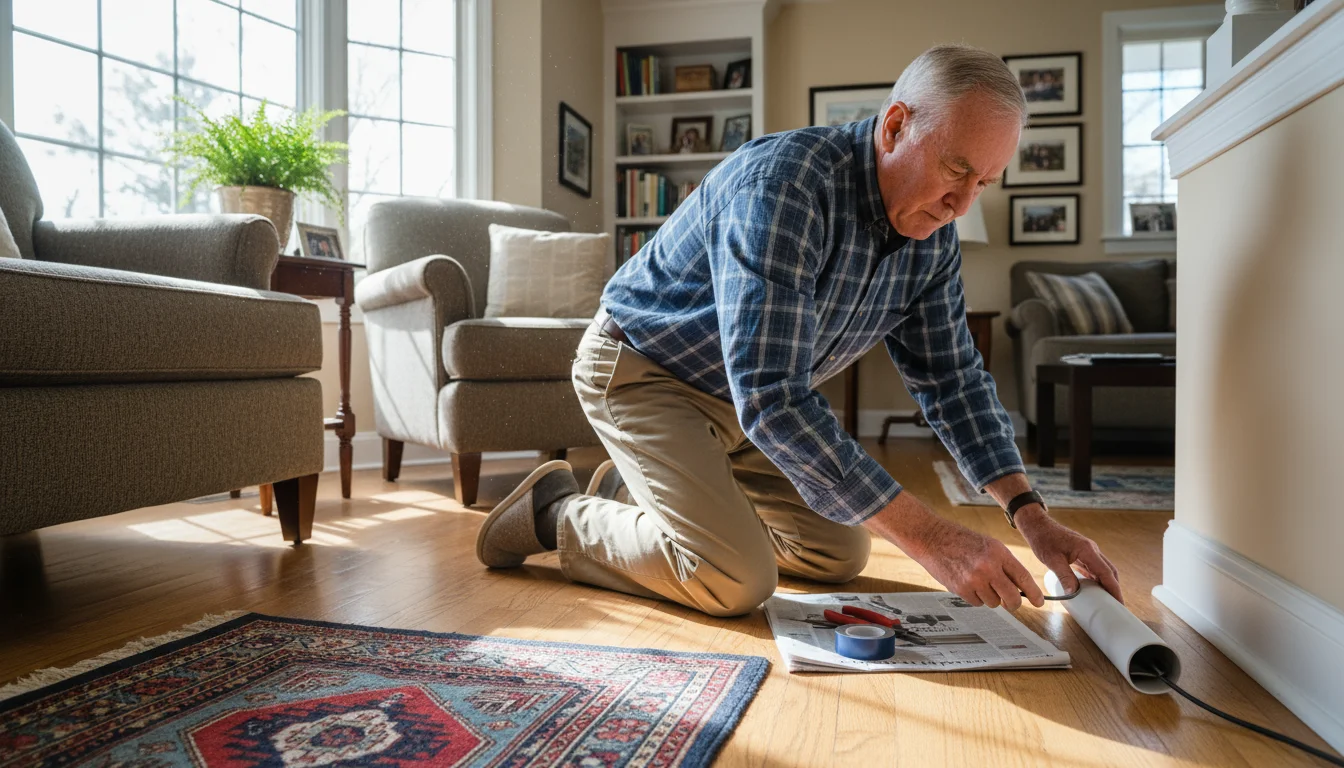 An older man kneels in a living room, carefully securing an electrical cord along a baseboard. A small rug with a curled edge is nearby.