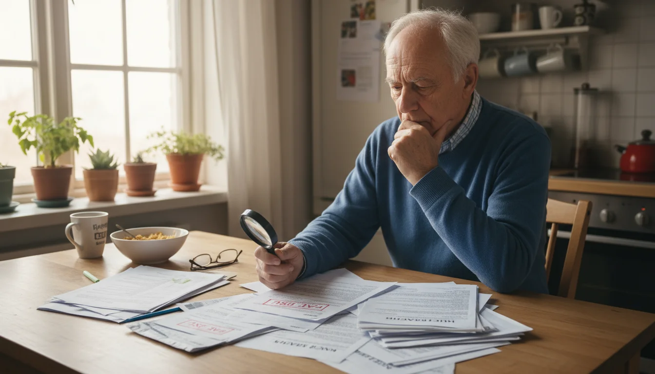 Older man, late 70s, at kitchen table, thoughtfully examining medical bills and insurance documents under soft window light.