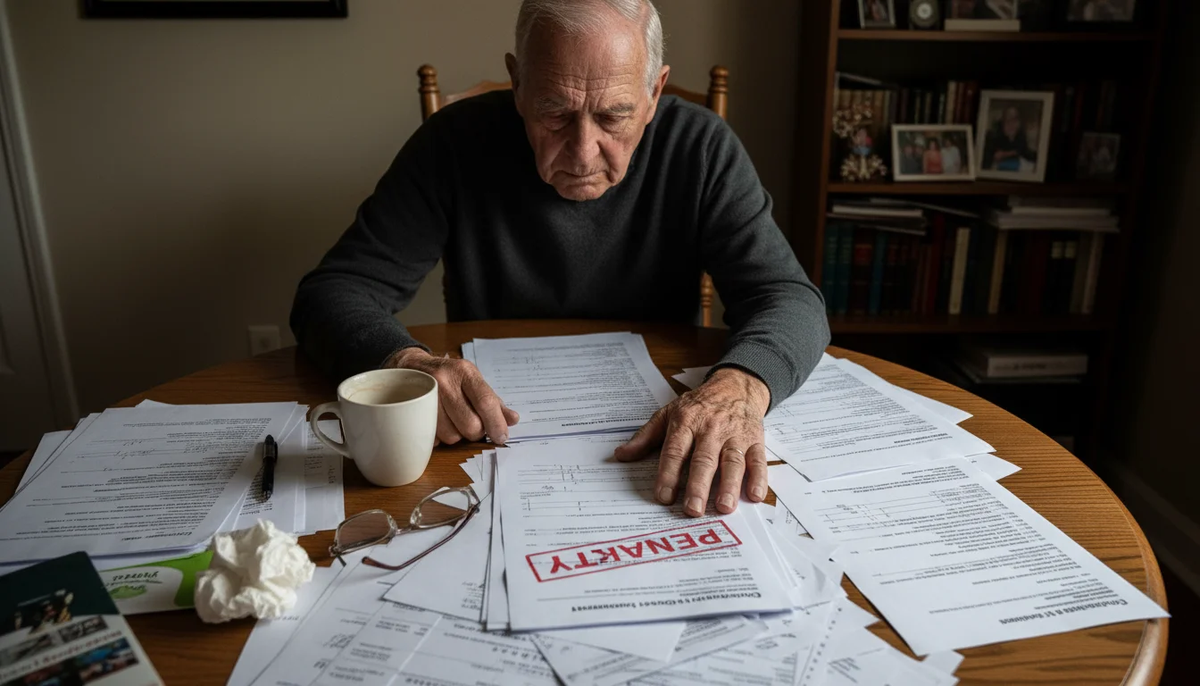 Older man, late 70s, looks weary and regretful at a cluttered table with legal documents. His hand rests on a paper marked 'PENALTY'.