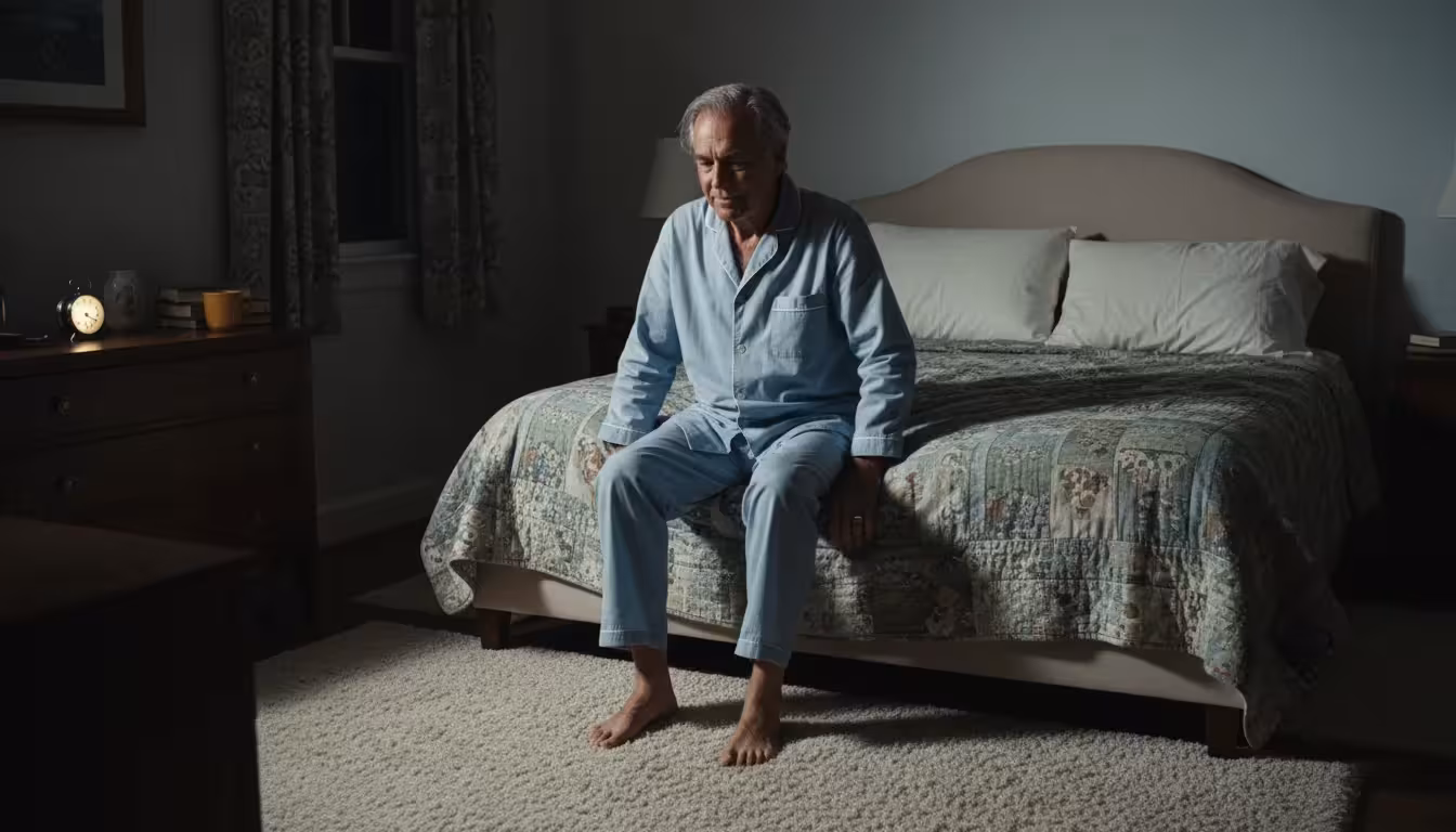 An older man, late 60s, in pajamas, carefully gets out of bed, his bare feet touching the floor in a dim room.