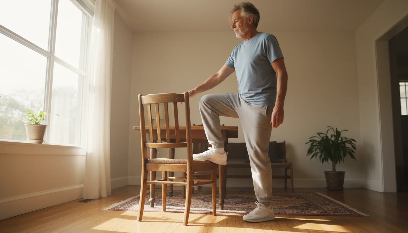 Older man, late 70s, performs a standing knee lift exercise, lightly holding a wooden chair for balance in a sunlit room.