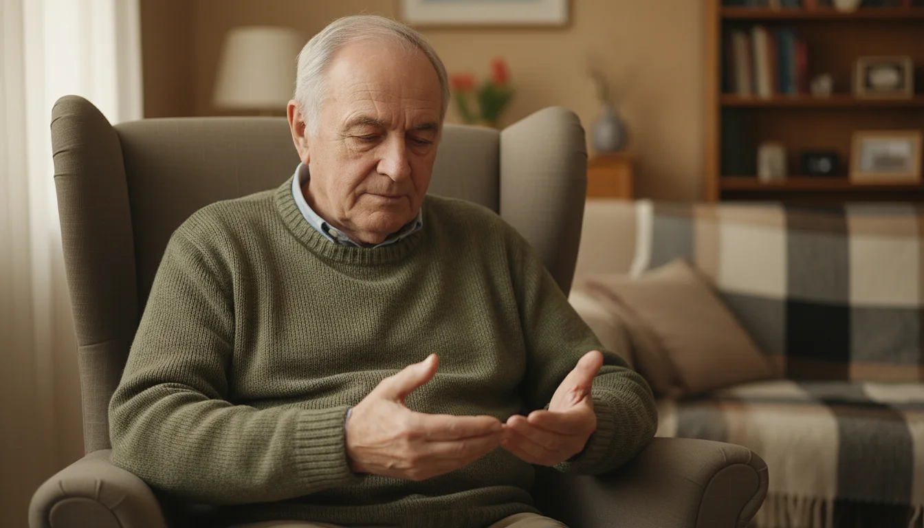 Older man, late 70s, sits in an armchair with hands gently resting in his lap, eyes softly downcast, showing calm concentration.