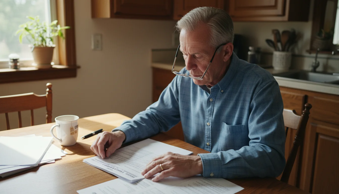 An older man, late 60s, sits at a kitchen table, intently reviewing a printed document with a thoughtful, slightly puzzled expression.