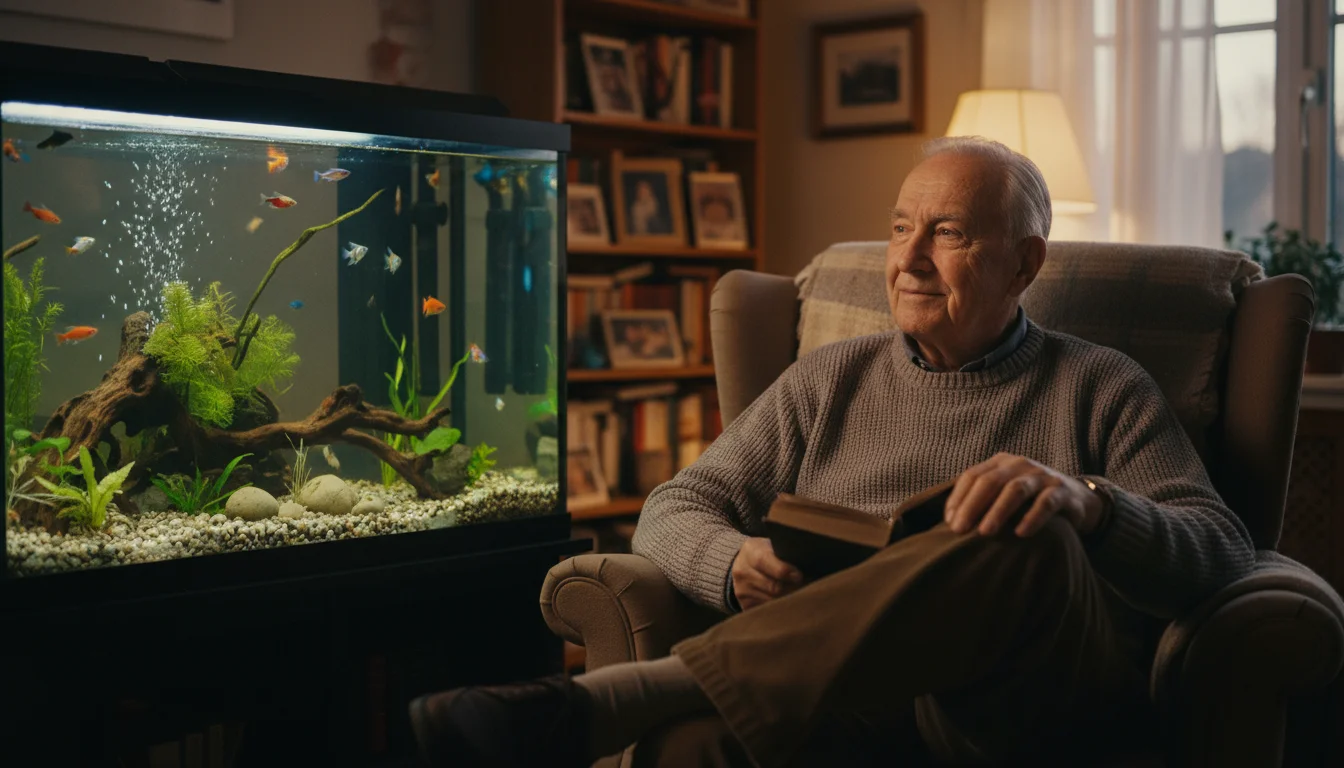 An older man, late 70s, sits in a softly lit room, calmly observing colorful fish swimming in a vibrant, glowing aquarium.