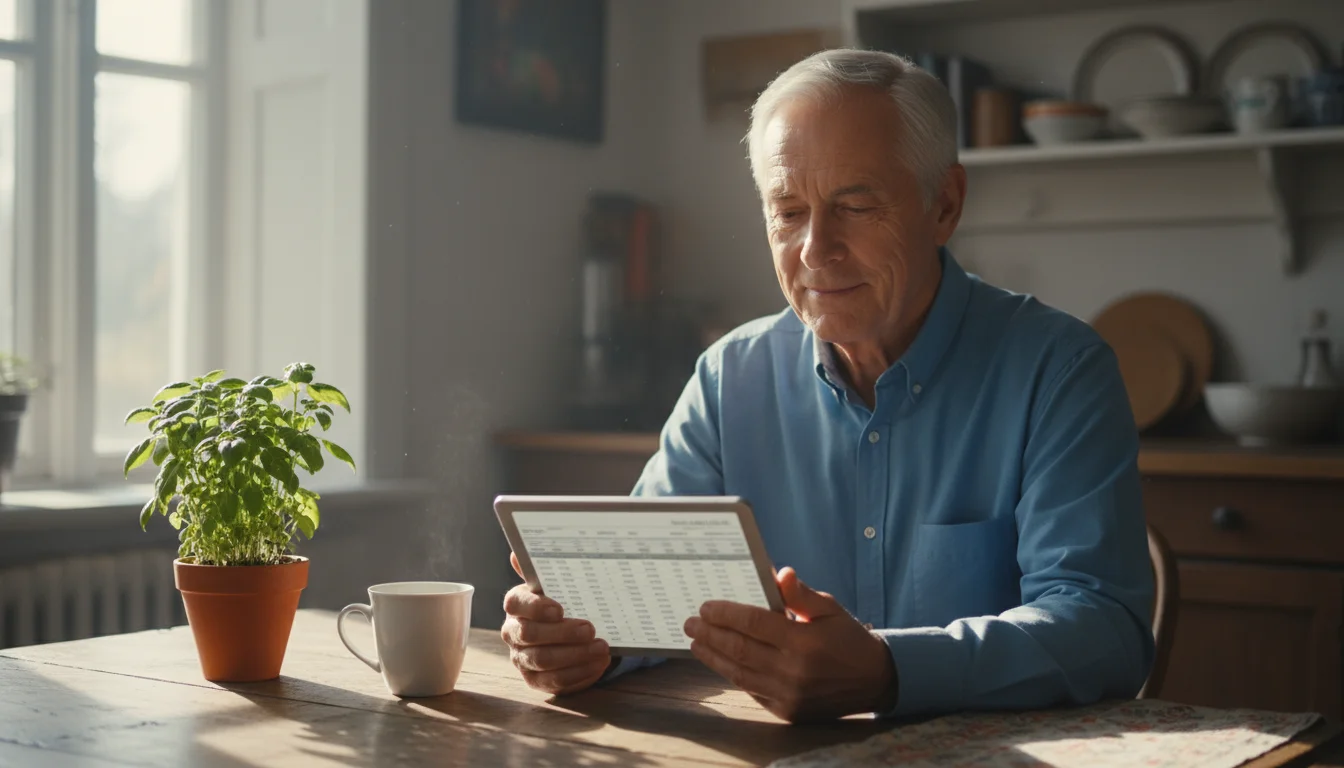 An older man, late 60s, sits at a sunlit kitchen table, reviewing a bank statement on a tablet with a calm expression.
