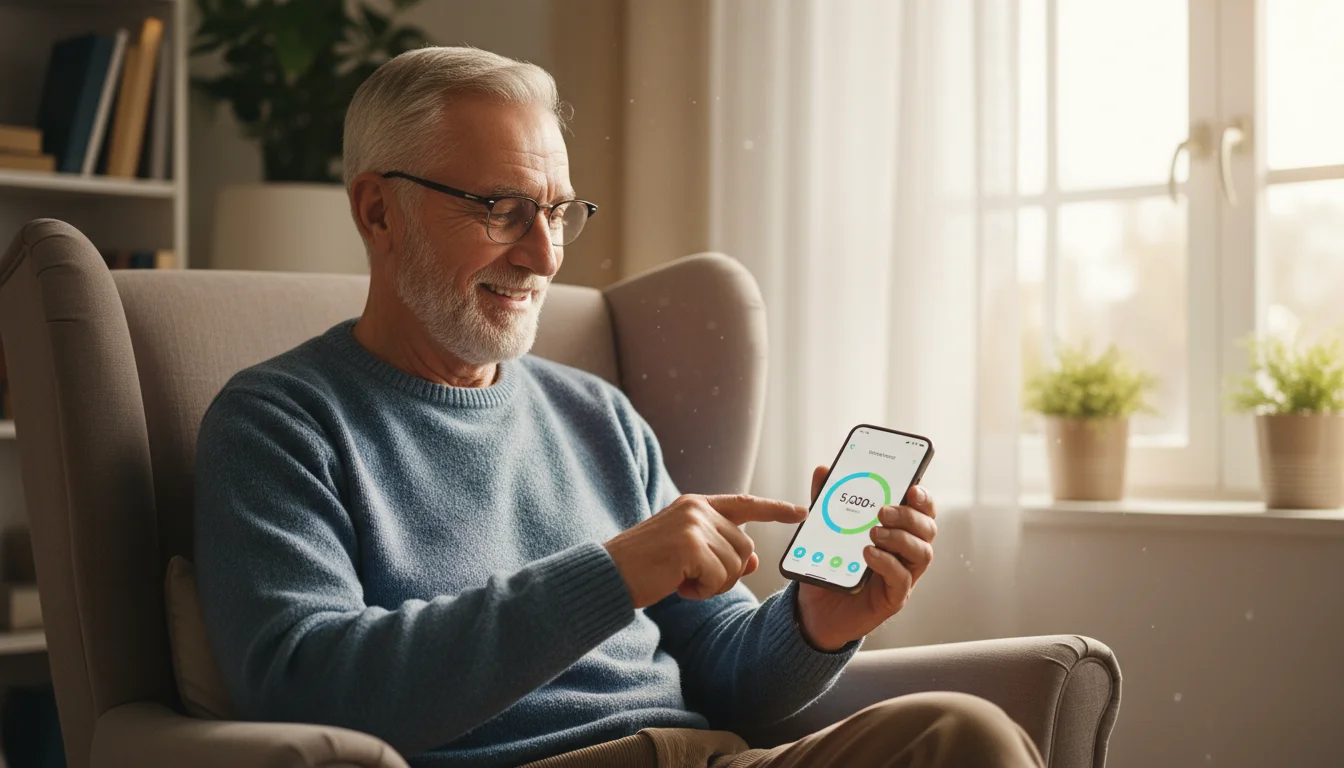 Older man, late 60s, smiling gently while looking at a fitness app on his smartphone, displaying a high step count.