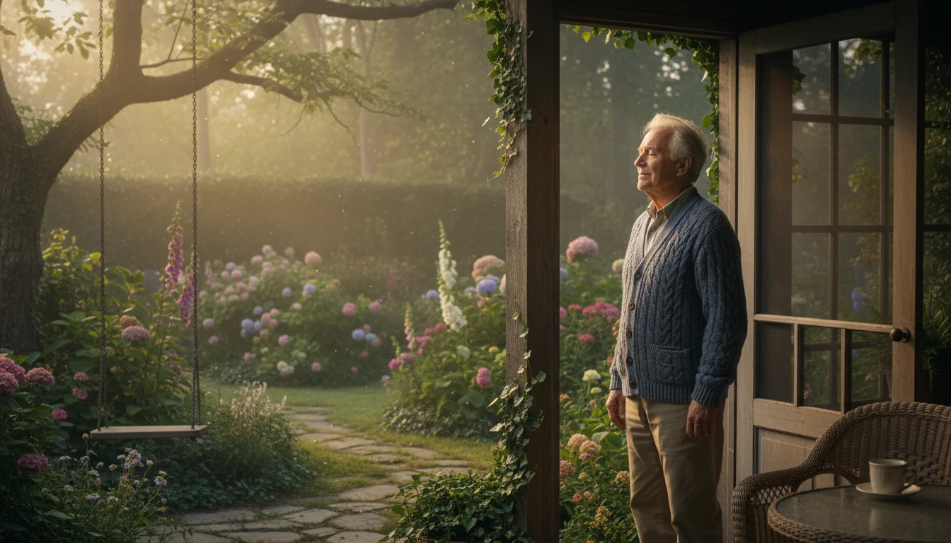 Older man, late 70s, standing on a sun-drenched porch. He faces the warm morning light, eyes gently closed, savoring the moment. A lush green garden i