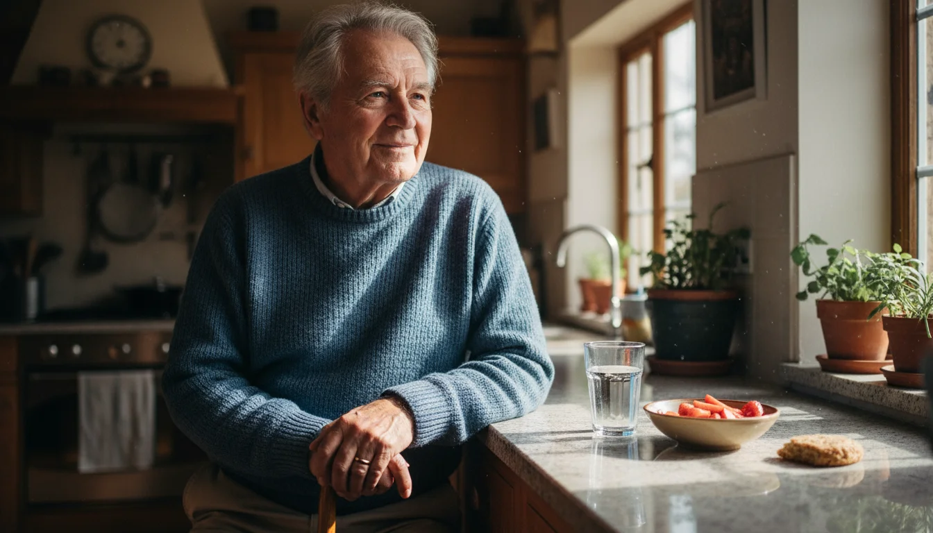An older man, late 70s, stands by a kitchen counter, hand on a walking cane, next to water and fruit.