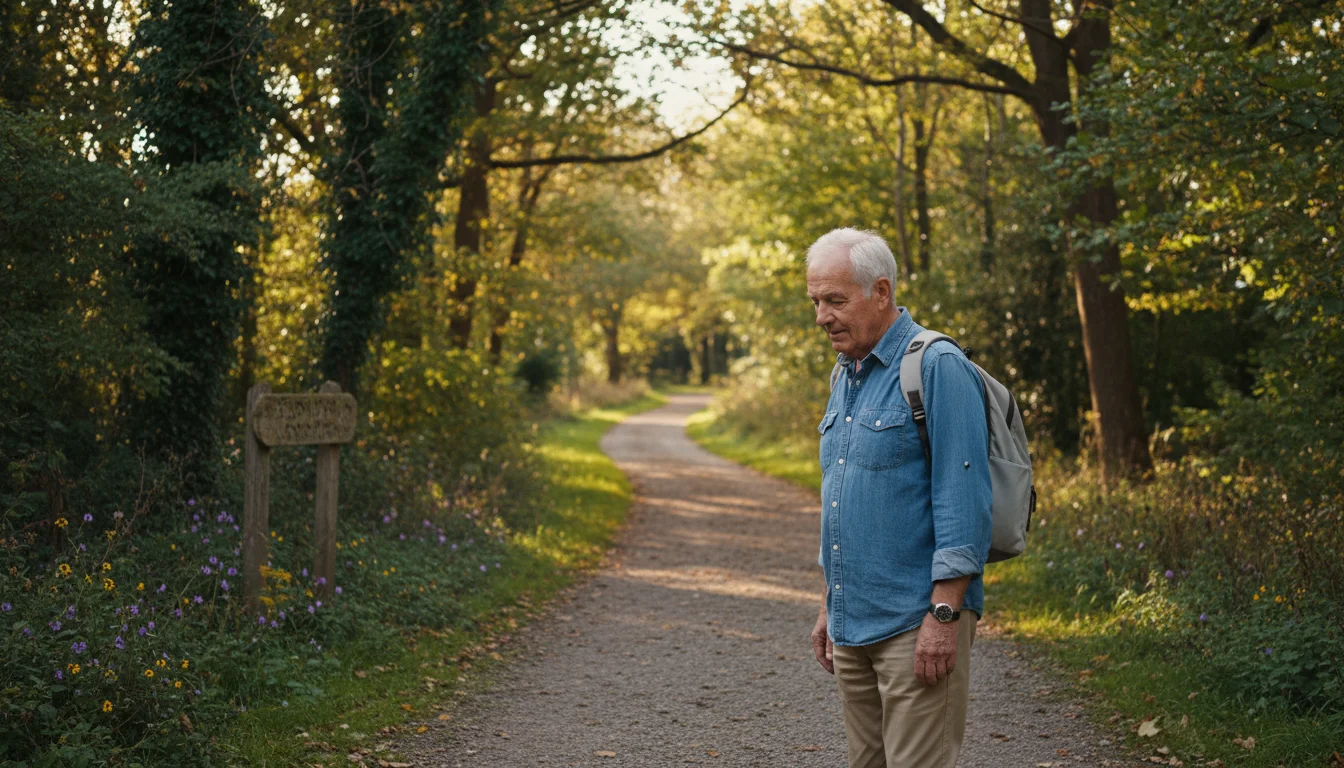Older man with a light daypack on a park path, looking thoughtfully down a winding path disappearing into trees.