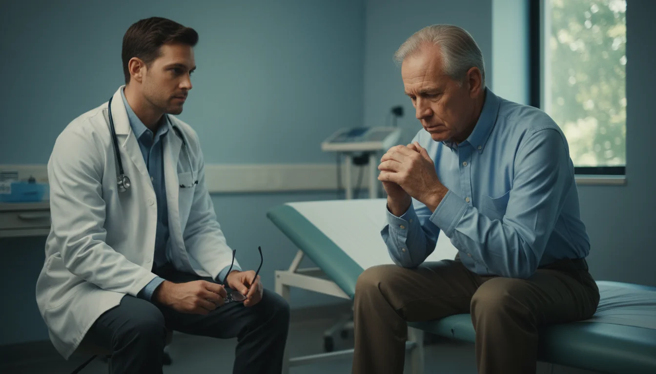An older man listens intently to a serious younger doctor in a bright, sterile examination room.