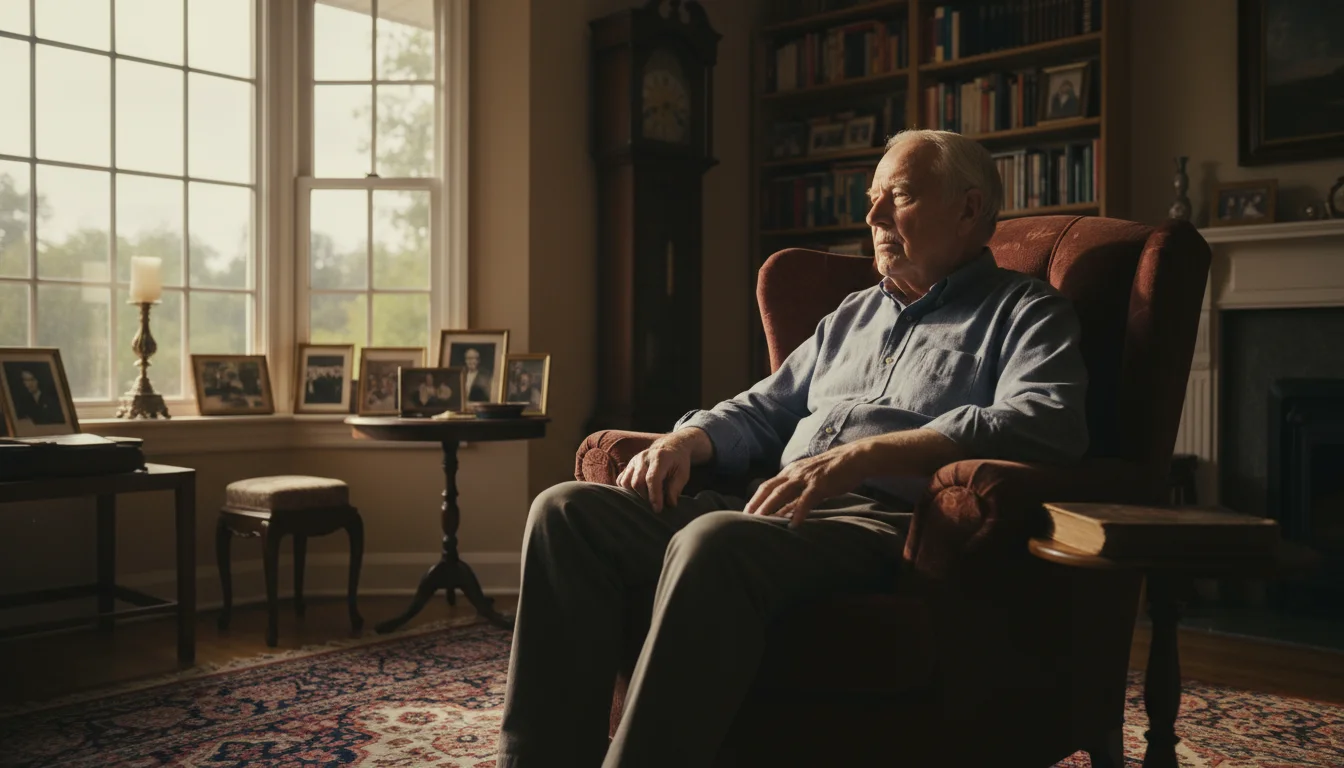 Older man in a living room, sitting in an armchair, looking out a window with a distant expression. Hands clasped on lap.