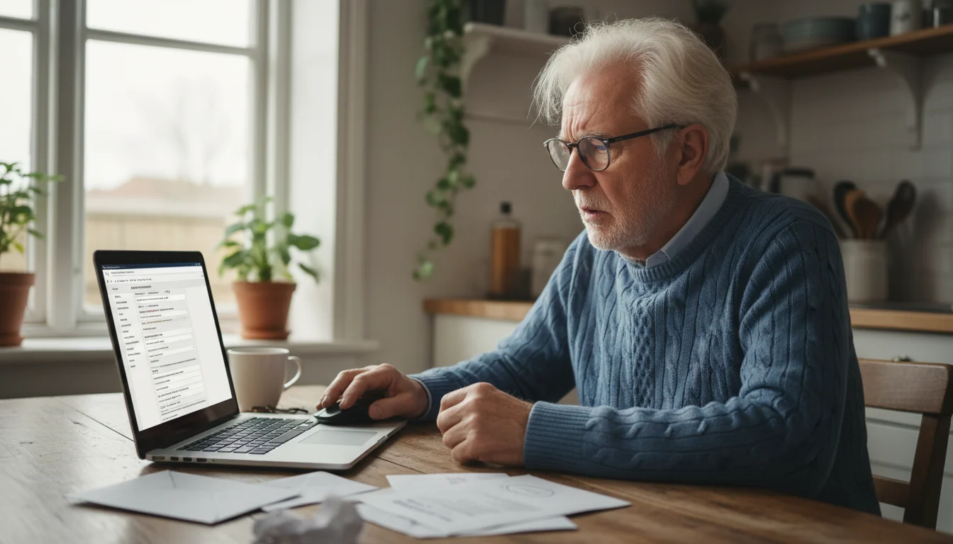 An older man looks confused at a laptop screen displaying a complex form, with opened envelopes on a table.