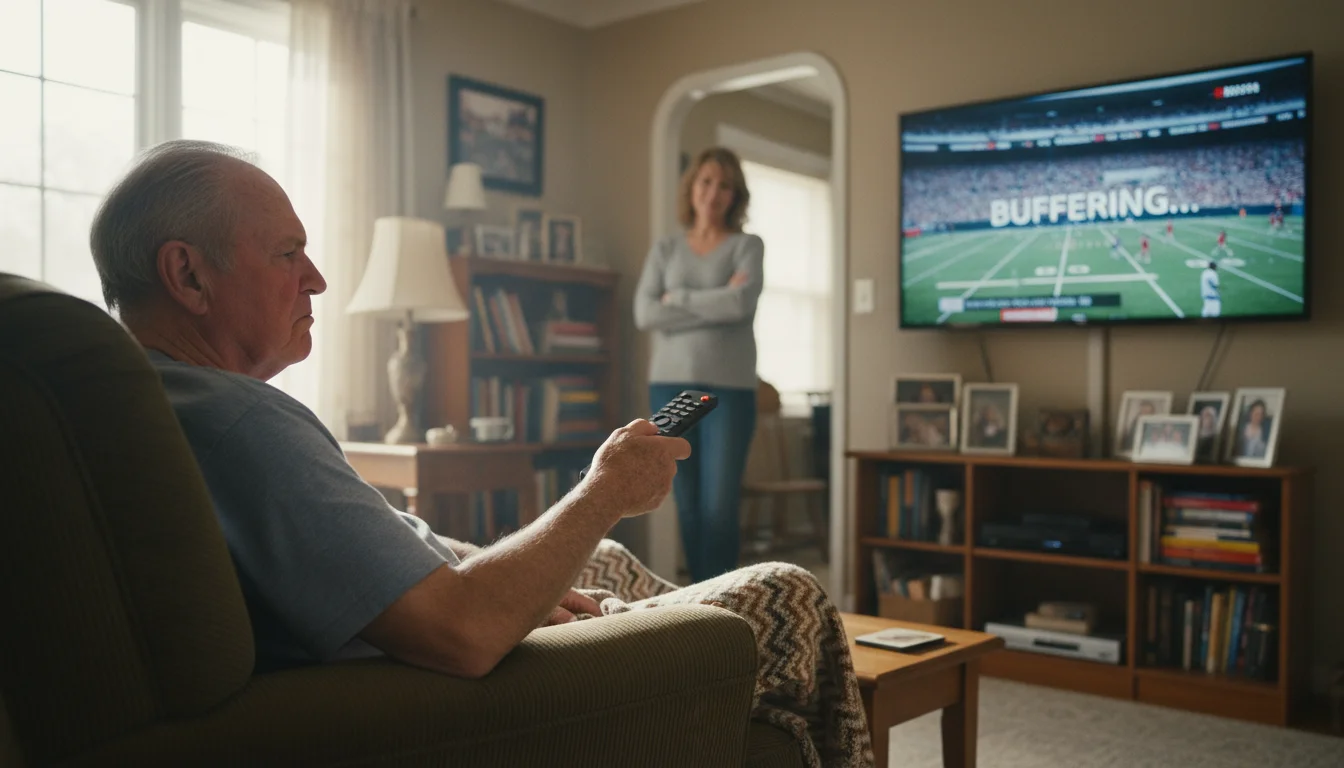 An older man looks frustrated, gripping a TV remote tightly, while his adult daughter watches him with a worried expression.