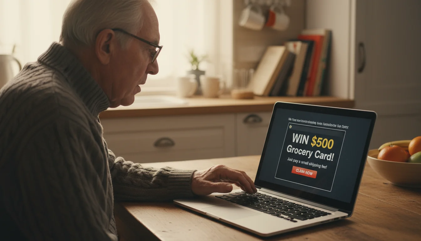 An older man looks intently at a laptop screen displaying a pop-up ad offering a