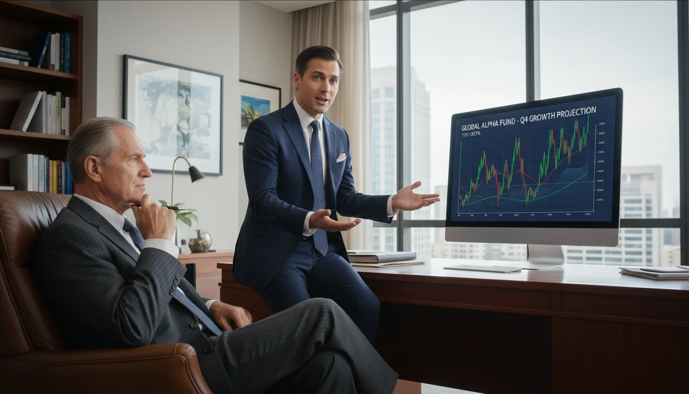 An older man looks thoughtfully at a financial advisor pointing to a screen showing 'Guaranteed 12% Annual Returns.'