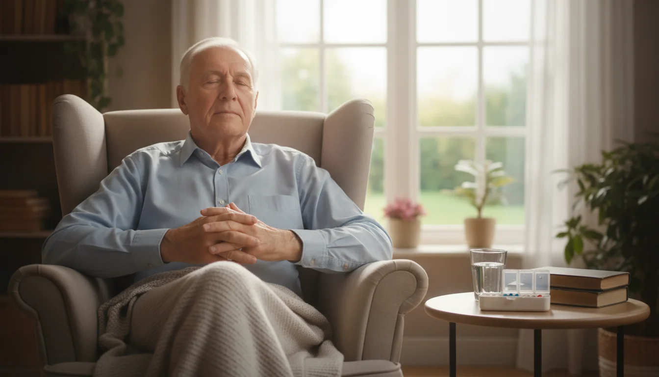 Older man meditating calmly in an armchair, a pill organizer and water glass subtly visible on a side table.