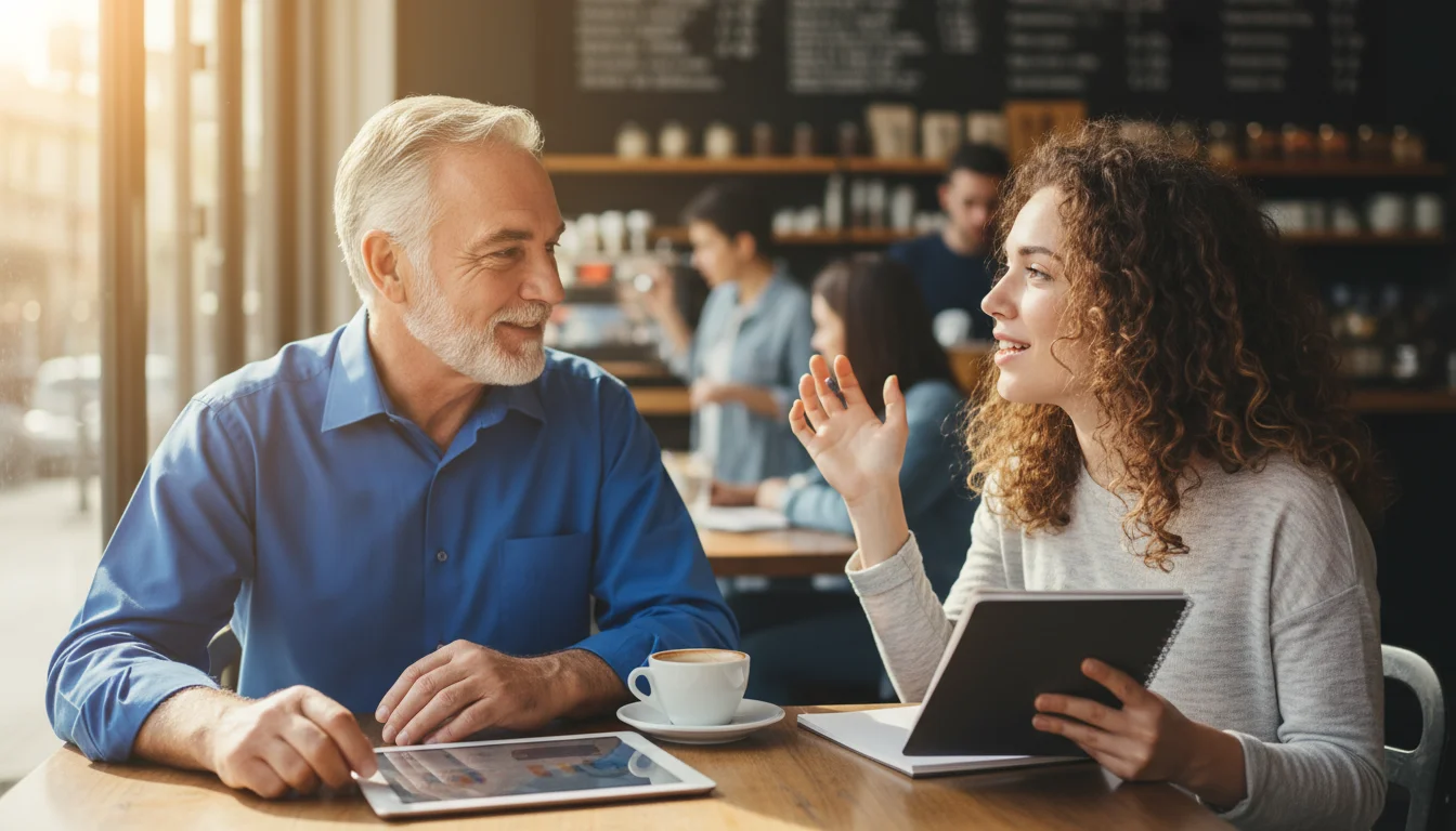 An older man mentors a younger woman at a coffee shop, both engaged in conversation. He looks kindly at her, she gestures with a notebook.