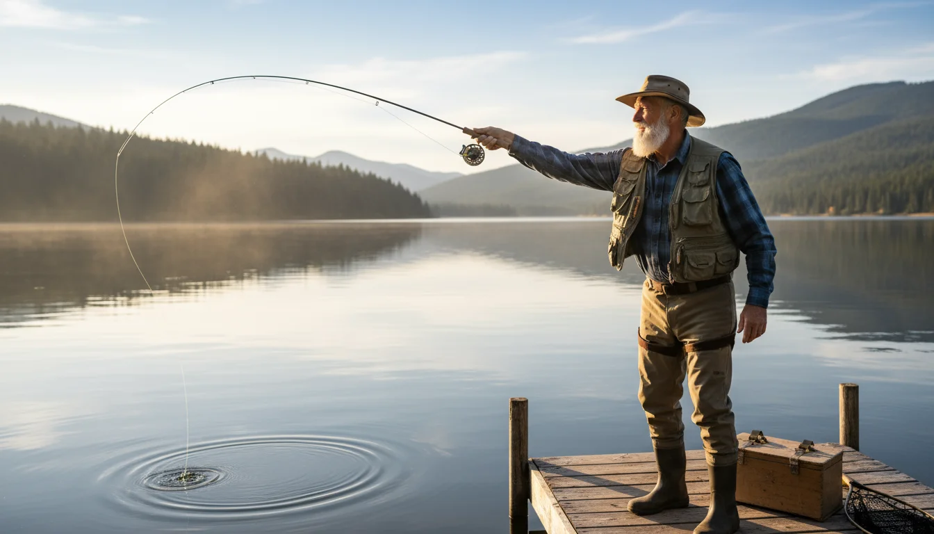 Older man, mid-70s, fishing calmly from a pier on a sunny lake, bathed in warm sunlight, with a thoughtful expression.