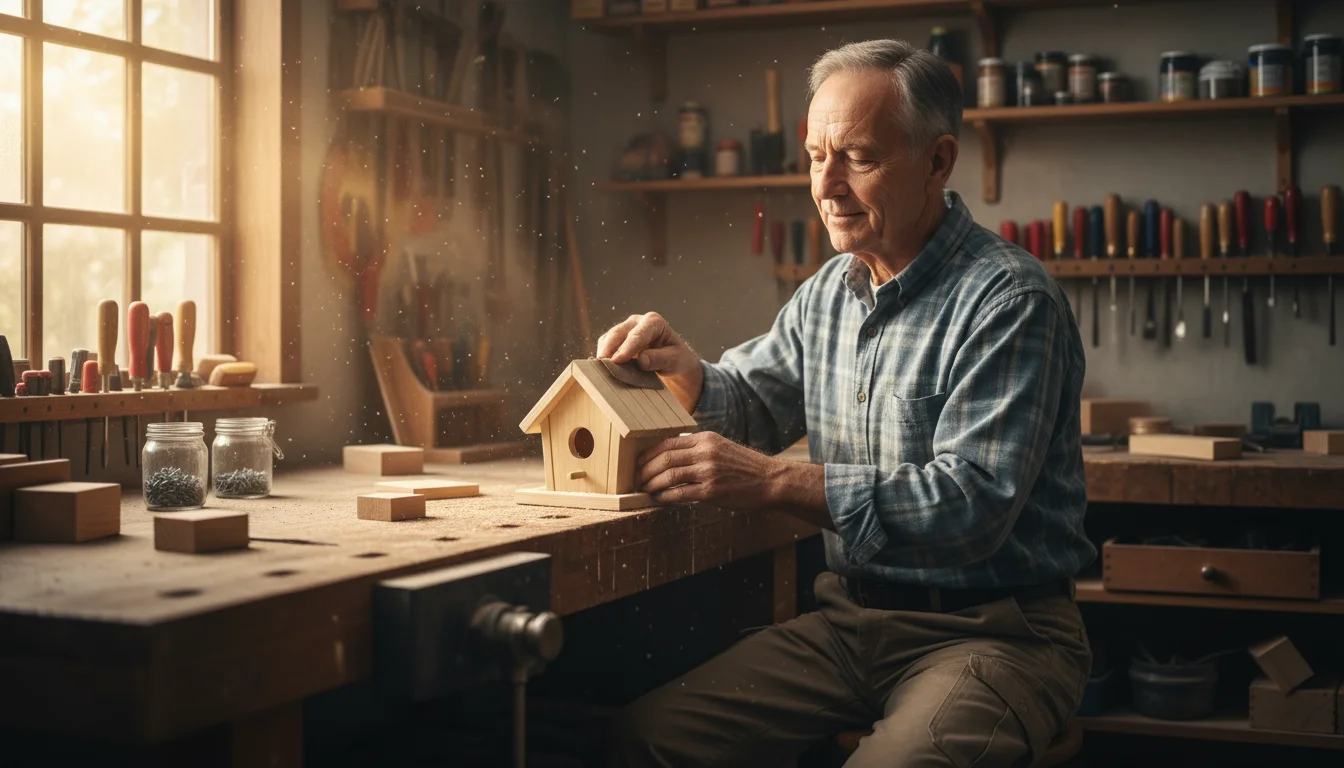 An older man, mid-70s, focused on sanding a wooden birdhouse in his sunny home workshop.