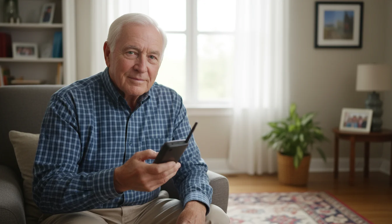 Older man, mid-70s, seated in a bright living room, confidently pressing the 'end call' button on a cordless phone.