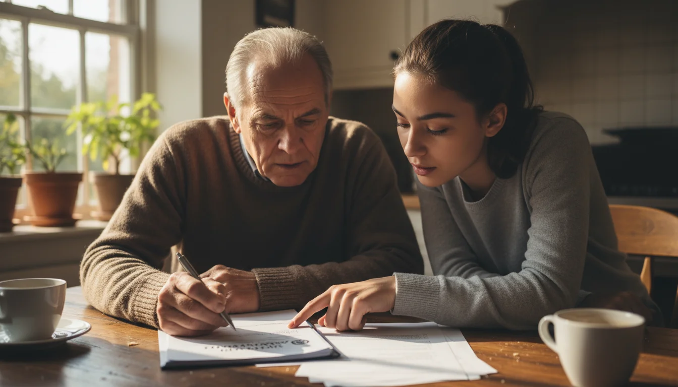 Older man with an open checkbook and pen reviews a university tuition statement with his granddaughter at a kitchen table.
