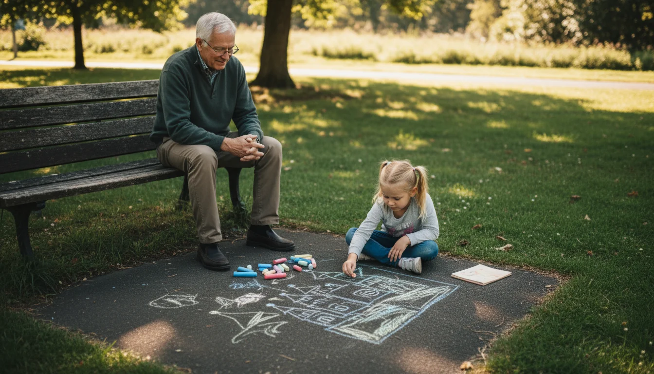 An older man on a park bench watches his granddaughter drawing with colorful chalk on a small whiteboard on the grass.