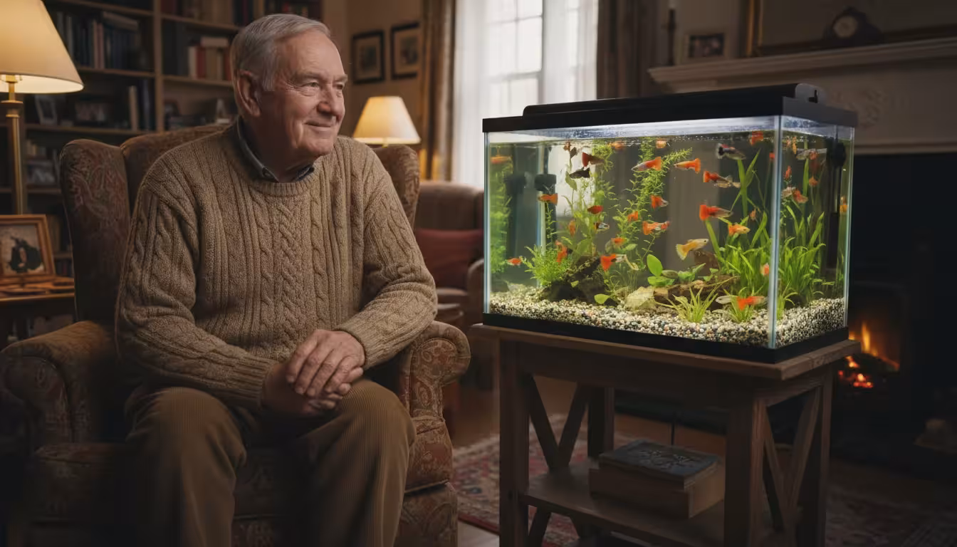 An older man peacefully watches colorful guppies and platies in a small, well-lit freshwater aquarium in his cozy living room.