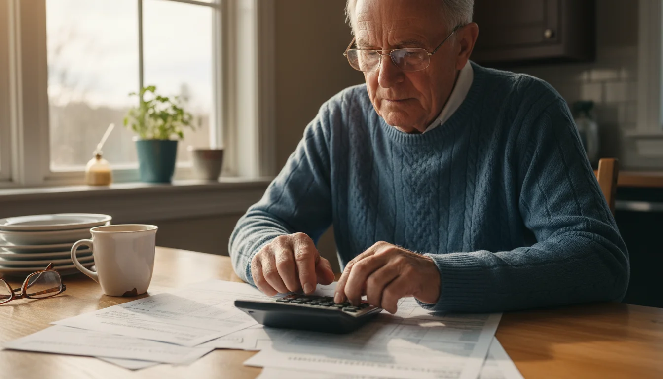 An older man, with a pensive expression, reviews Social Security statements and a calculator at his kitchen table.